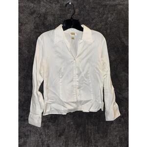 Talbots Petite 8P White Eyelet Trim Button Blouse Lng Sleeve